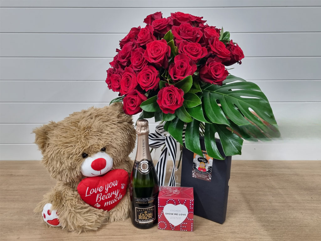 Luxury Red Wine with White Heart Rose Teddy Bear - A Forever Gift