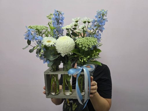 Blossom Baby Boy Flowers in Trio Vase Holding